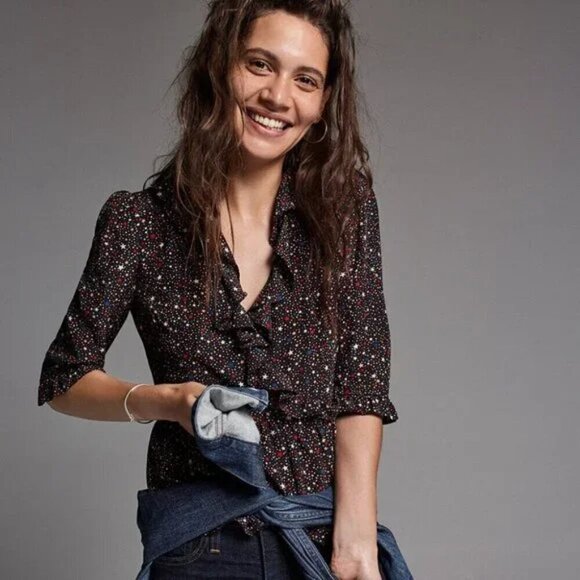 Madewell 100% Silk Ruffle-Hem Wrap Top in Starry Night Women's XS - Picture 7 of 11